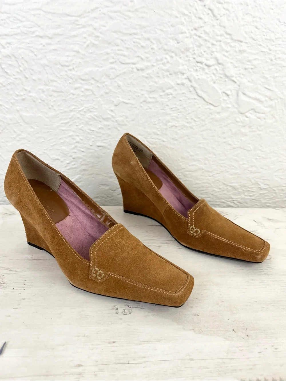Vintage 90s Y2K Suede Wedge Loafers Tan Preppy 6.5